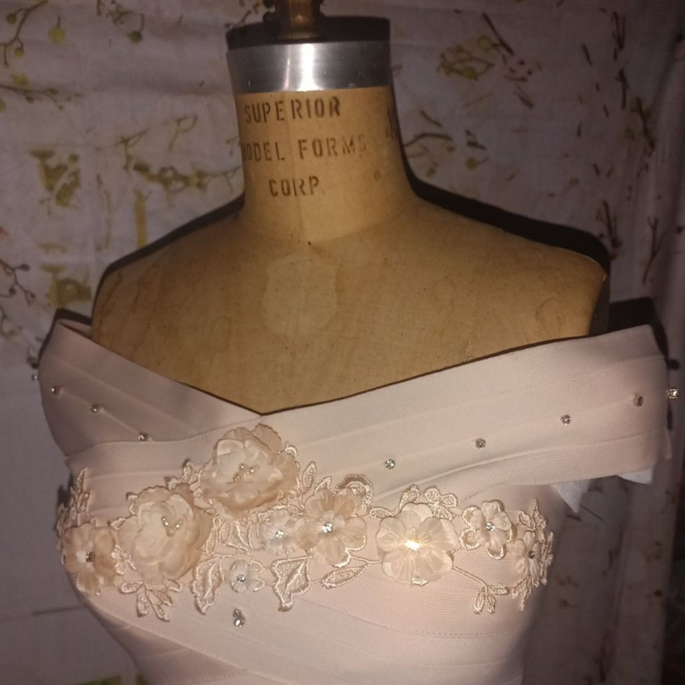 Off Shoulder Light Peach & Rhinestone Bodycon Dress - Picture 2 of 6